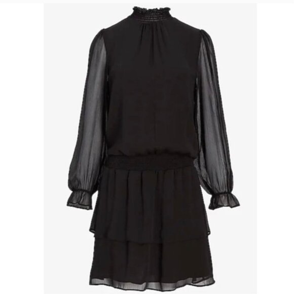 Express Layered Ruffle Mini Dress Womens Small Black Sheer Smocked Neck Waist - Picture 1 of 12